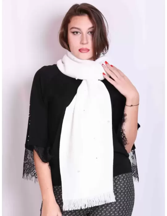 Francesca Mercuriali Italy | White wool scarf pearls and rhinestones Francesca Mercuriali Italy | White wool scarf pearls and rhinestones