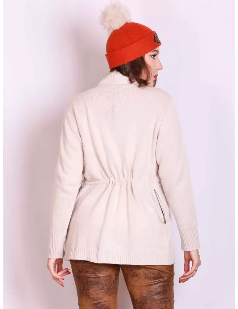 Beige cashmere wool silk long cardigan jacket nylon neck