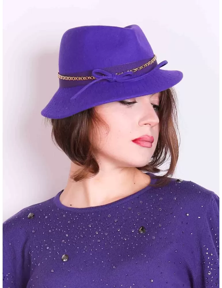 Retro Hollow Tassel Belt Purple wool panama fedora Jazz hat