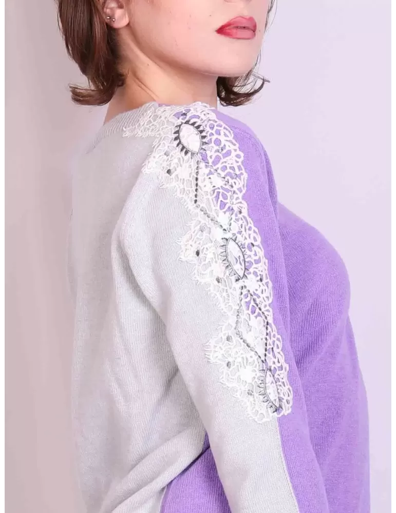 Volpato maglieria online | Maglia lana lilla e grigio perla con pizzo