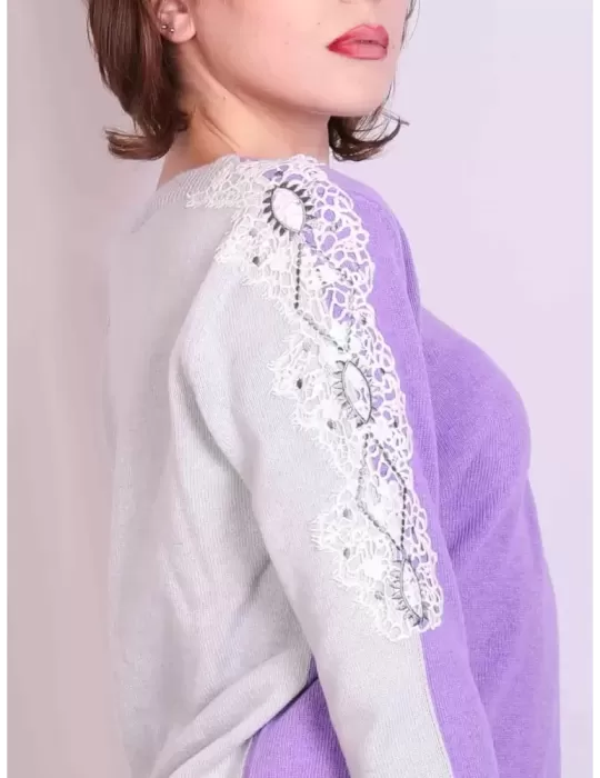 Volpato maglieria online | Maglia lana lilla e grigio perla con pizzo