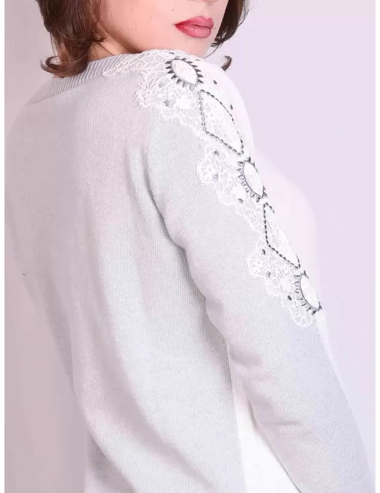 Volpato maglieria online | Maglia lana bianca e grigio perla con pizzo