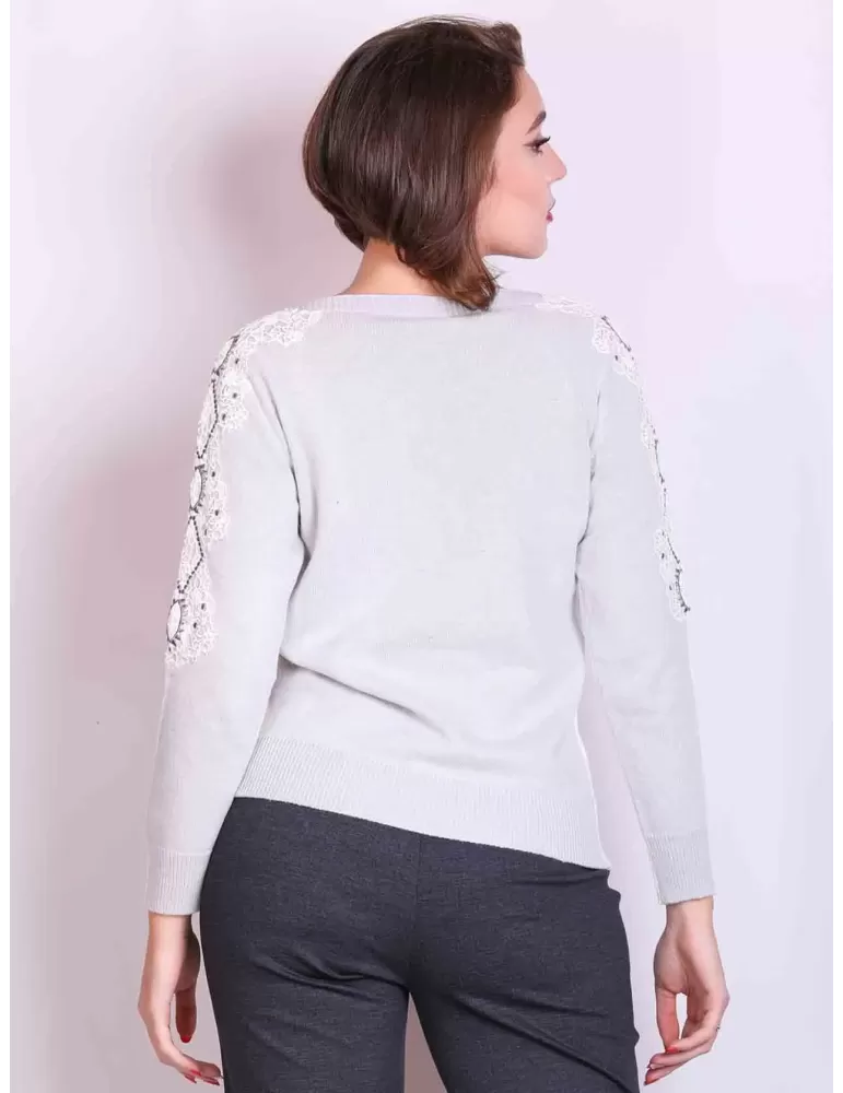 Volpato maglieria online | Maglia lana bianca e grigio perla con pizzo