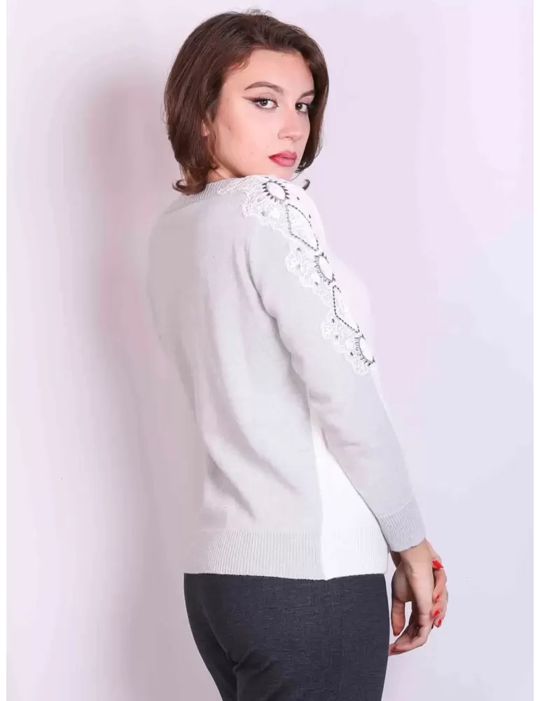Volpato maglieria online | Maglia lana bianca e grigio perla con pizzo
