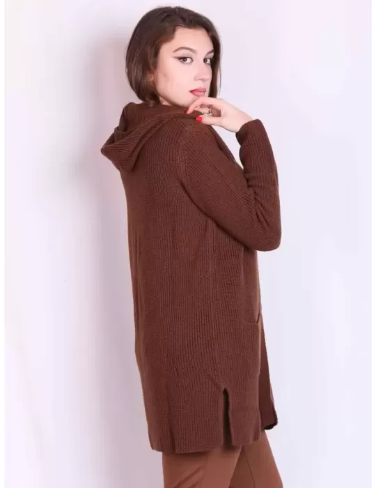 Brown knitted merino wool long cardigan hoodie jacket