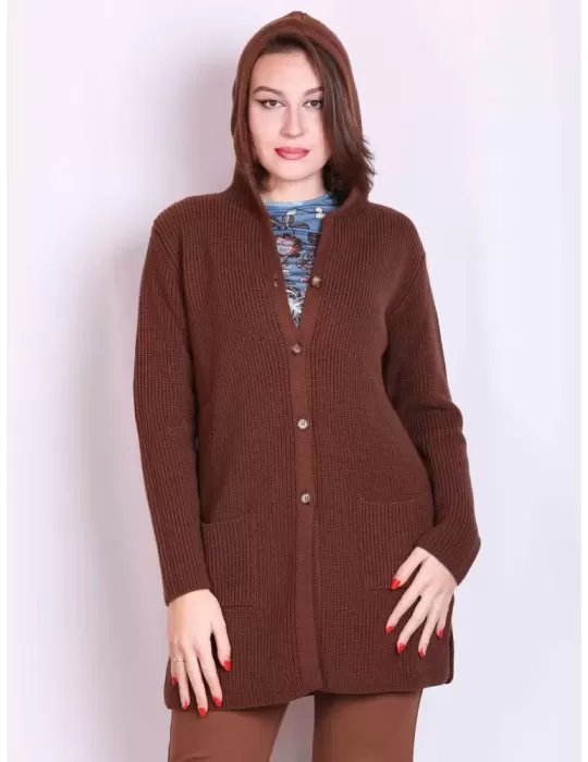 Brown knitted merino wool long cardigan hoodie jacket