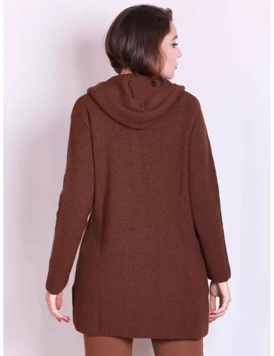 Brown knitted merino wool long cardigan hoodie jacket
