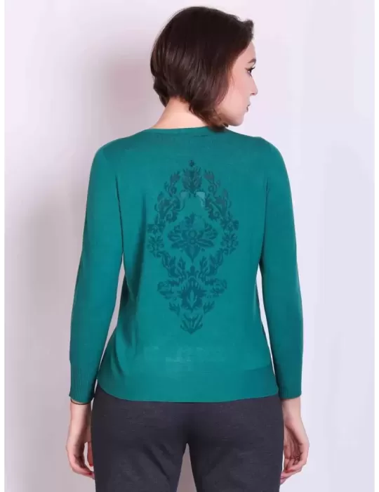 Shop online Italian knitwear | Green sweater with back veil openwork Shop online Italian knitwear | Green sweater with back veil openwork