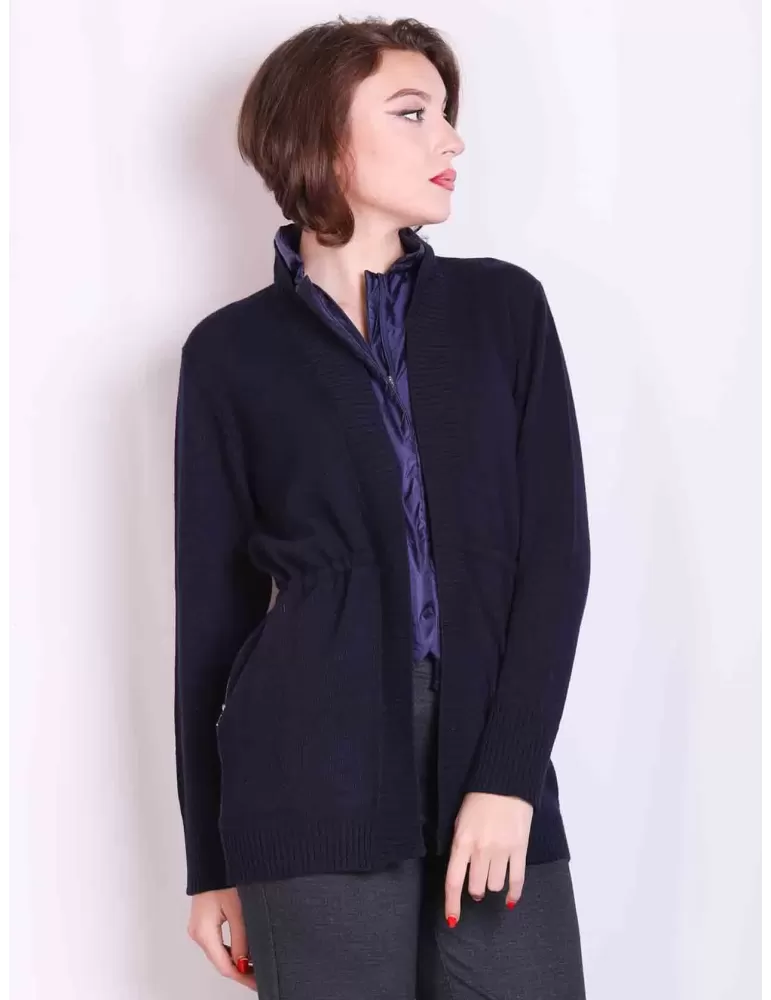 Dark blue cashmere wool silk long cardigan jacket nylon neck Dark blue cashmere wool silk long cardigan jacket nylon neck