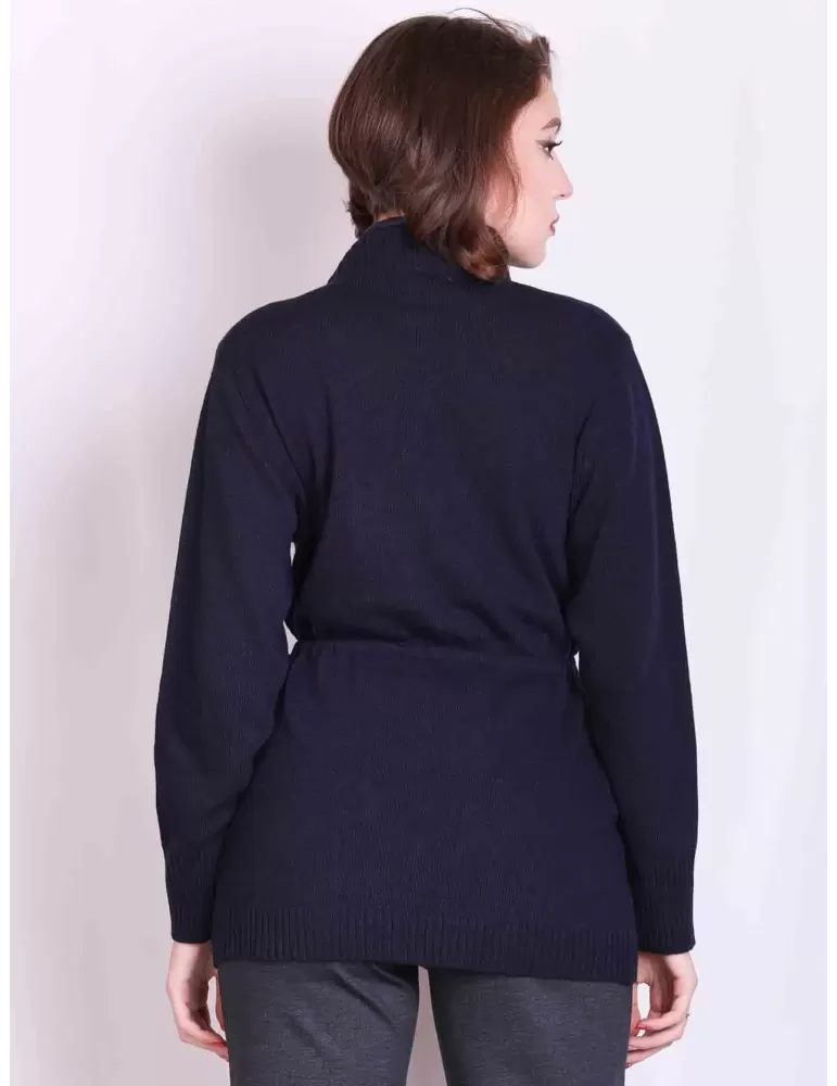 Dark blue cashmere wool and silk long cardigan jacket with nylon neck