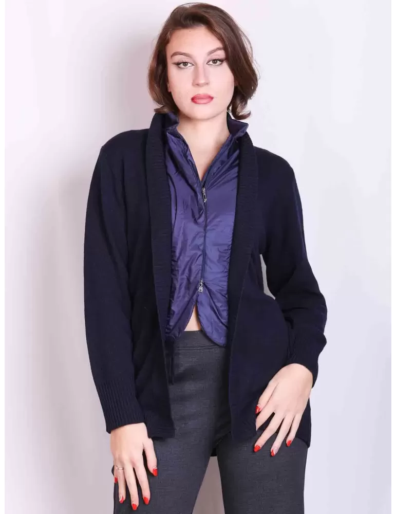 Dark blue cashmere wool silk long cardigan jacket nylon neck
