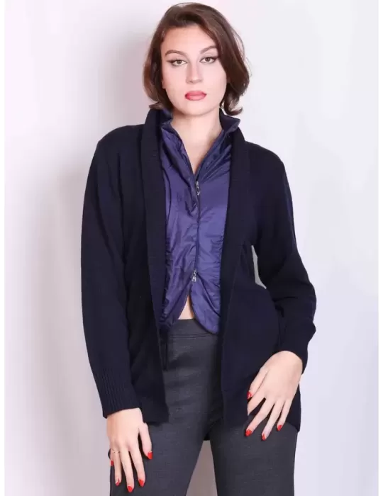 Dark blue cashmere wool and silk long cardigan jacket with nylon neck