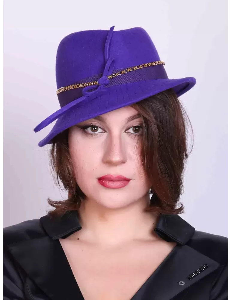 Retro Hollow Tassel Belt Purple wool panama fedora Jazz hat