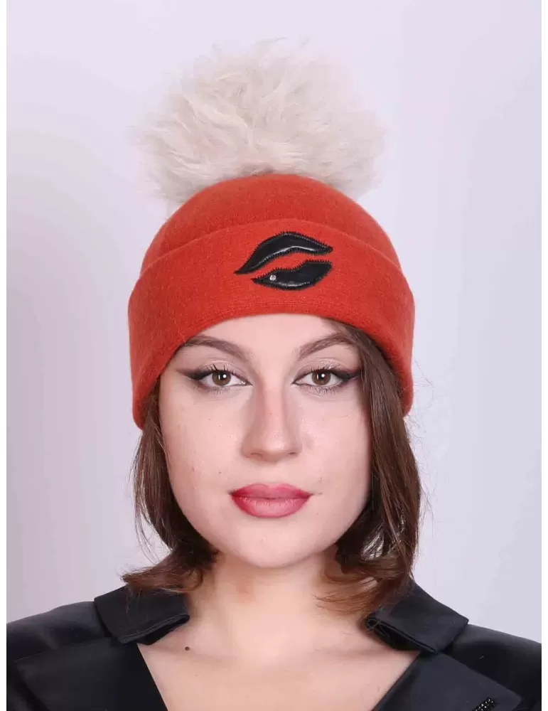 Cappelli Complit | Beanie berretto arancio bocca pelle nera e pon pon