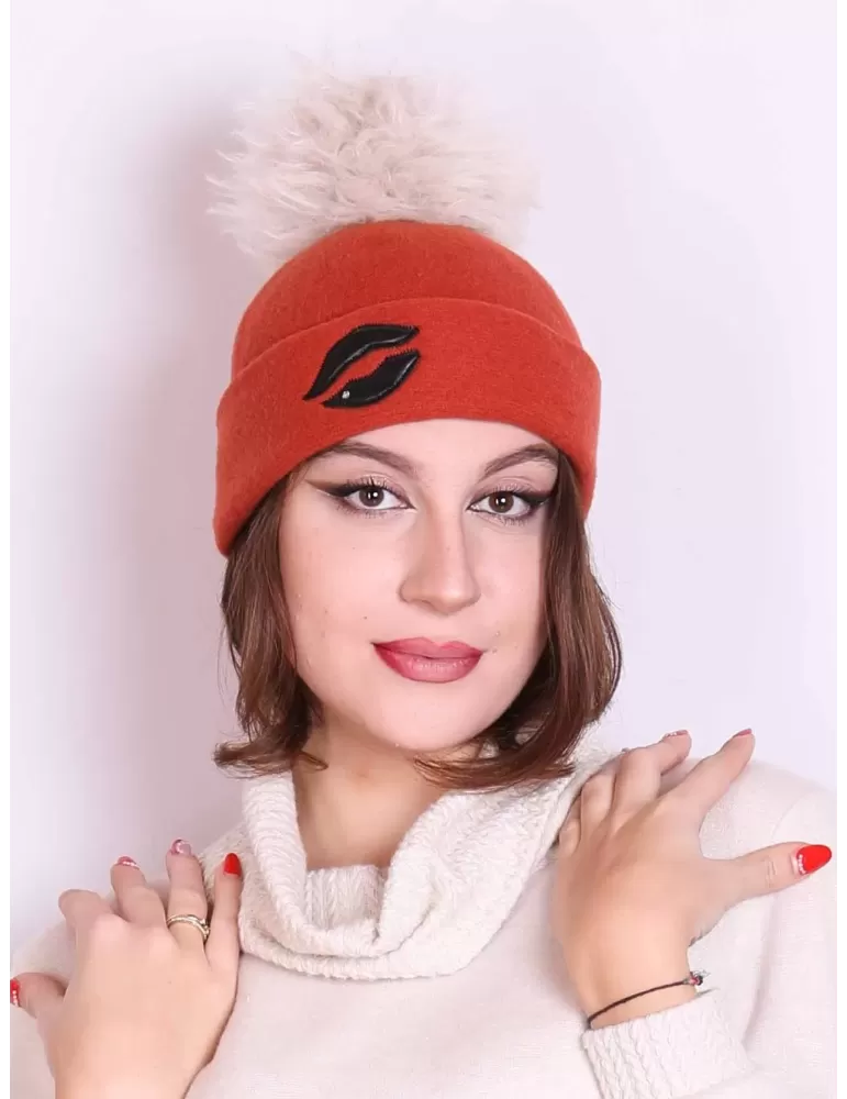 Orange alpaga mohair wool beanie winter hat white pon pon Orange alpaga mohair wool beanie winter hat white pon pon