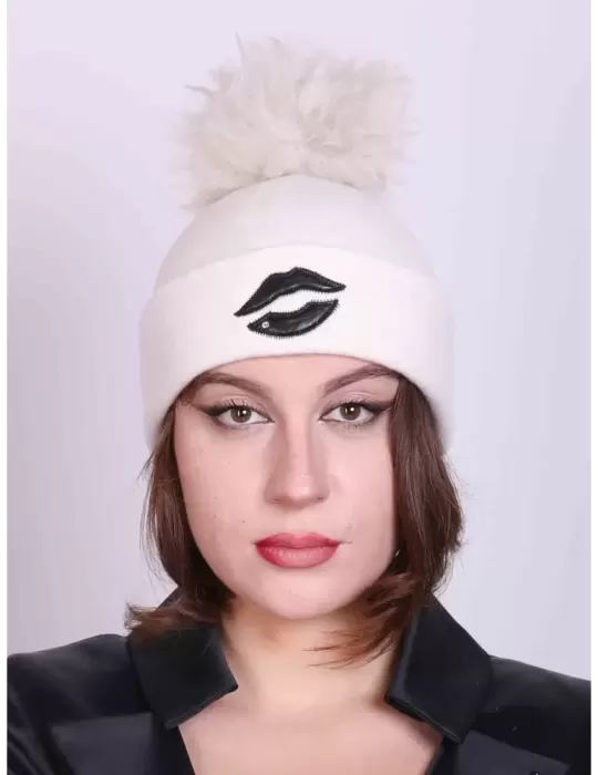 Compit Italian Winter Hats | White alpaga mohair wool beanie pon pon