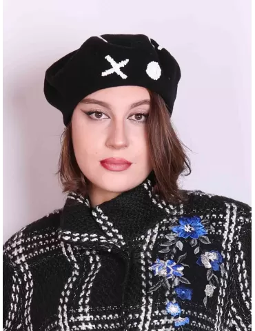 Black wool beret hat with...