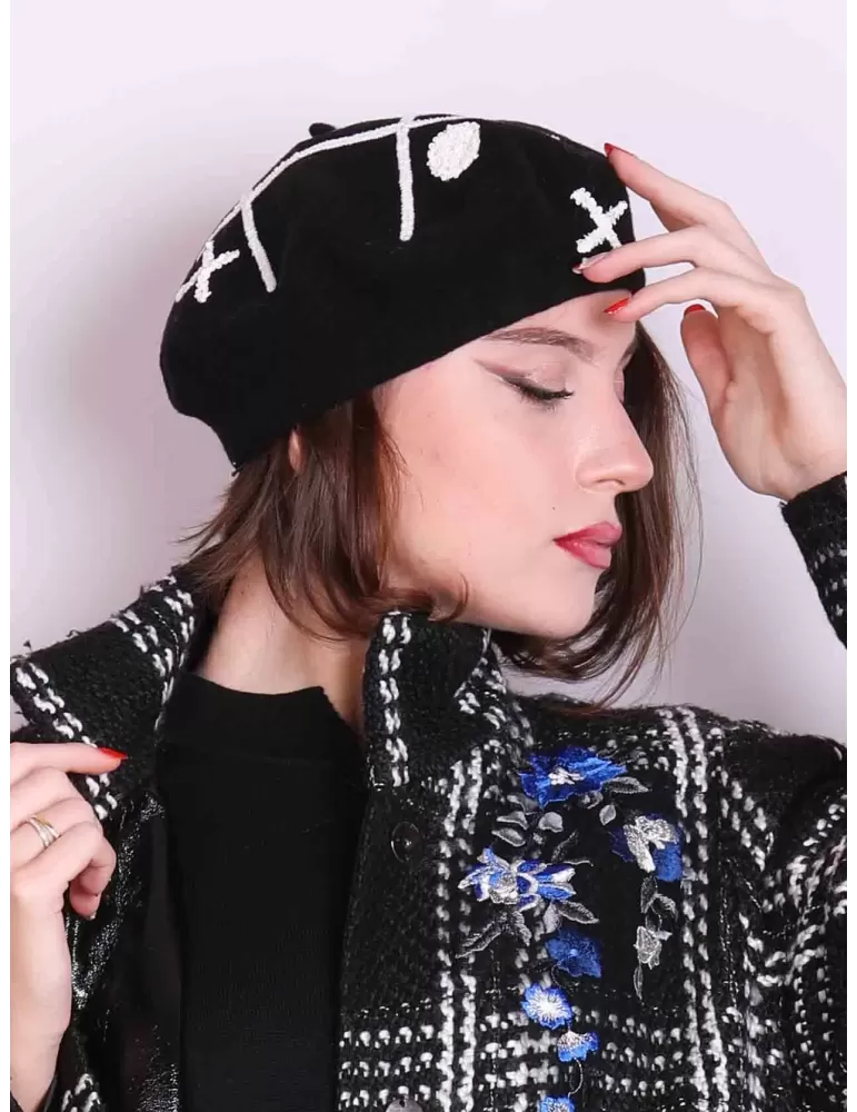 Black wool beret hat with tic tac toe white sequins by Complit