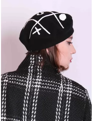 Black wool beret hat with tic tac toe white sequins by Complit 2