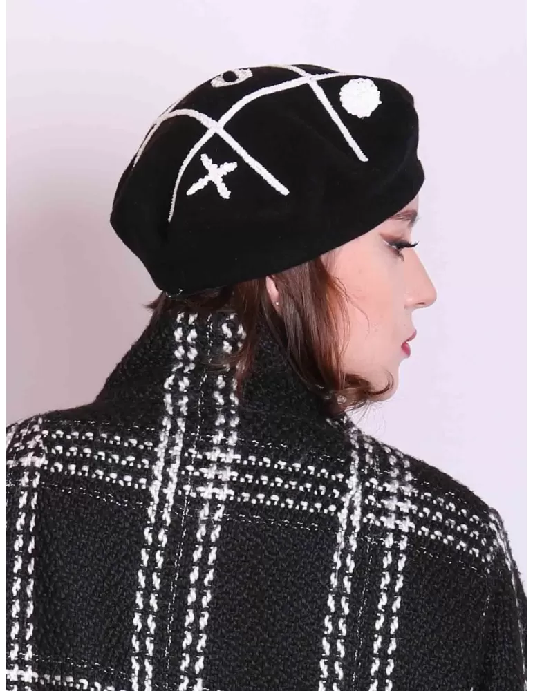 Black wool beret hat with tic tac toe white sequins by Complit