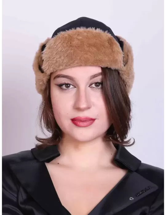 Cappelli donna Complit | Cappello aviatore blu con pelliccia beige
