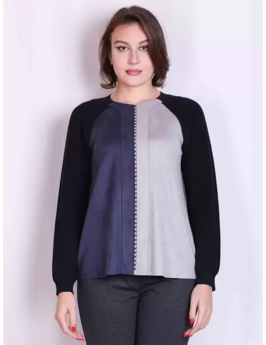 Riva Tricot Maglificio di Nibionno | Maglione blu con davanti camoscio Riva Tricot Maglificio di Nibionno | Maglione blu con davanti camoscio