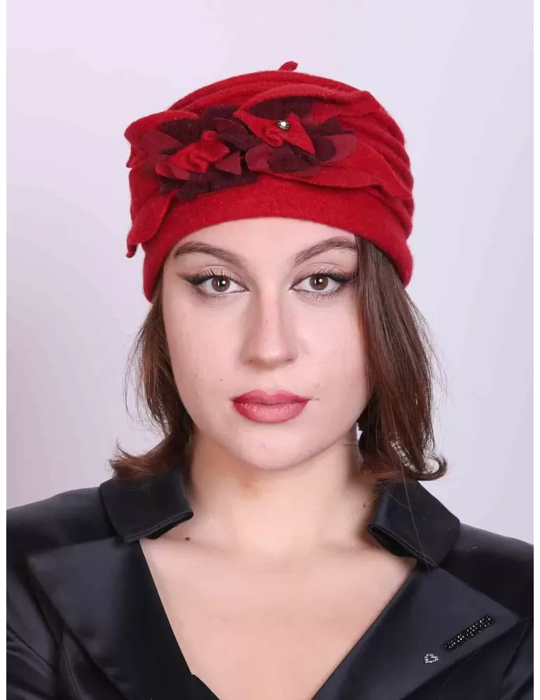 Red boiled wool pillbox hat with embroidery and rhinestone