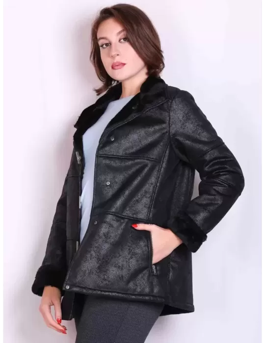 Black ecological sheepskin jacket coat | Plus size available | 50% off