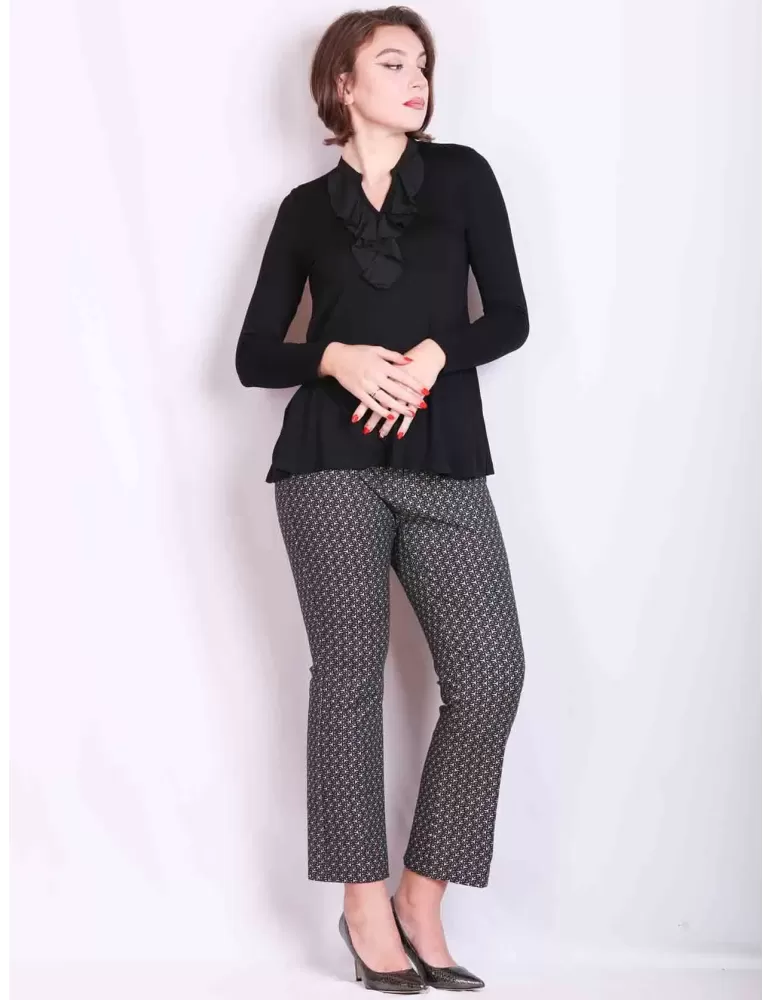 Rubamori Italy | Black long sleeves blouse t-shirt with silk frills