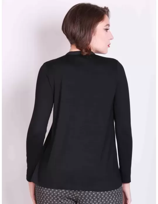 Rubamori Italy | Black long sleeves blouse t-shirt with silk frills