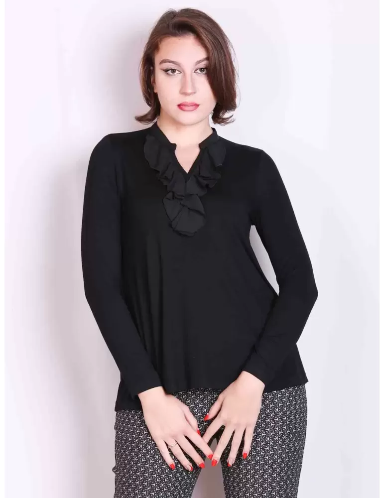 Rubamori Italy black long sleeves blouse t-shirt with silk frills Rubamori Italy black long sleeves blouse t-shirt with silk frills