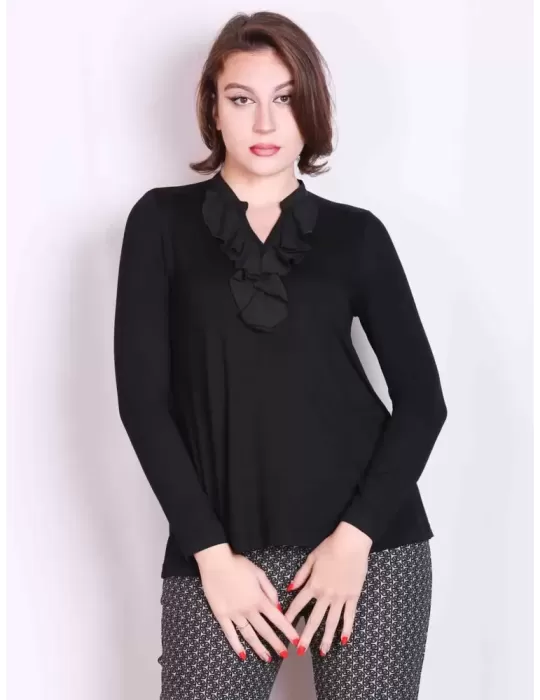 Rubamori Italy black long sleeves blouse t-shirt with silk frills Rubamori Italy black long sleeves blouse t-shirt with silk frills