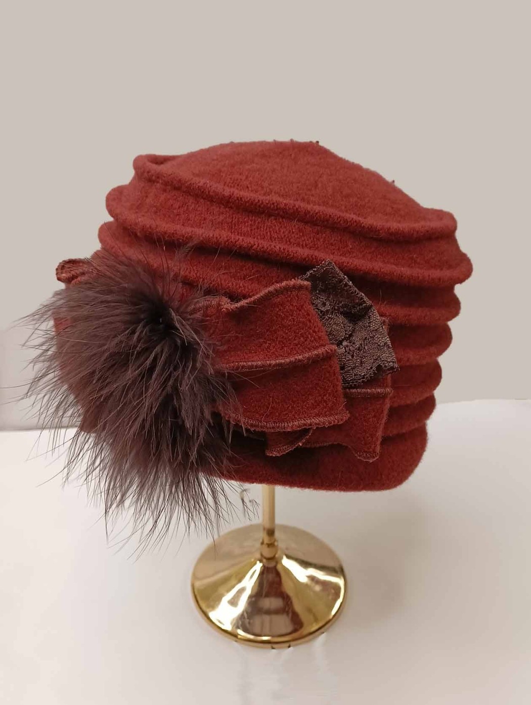 Brown wool pillbox hat with...