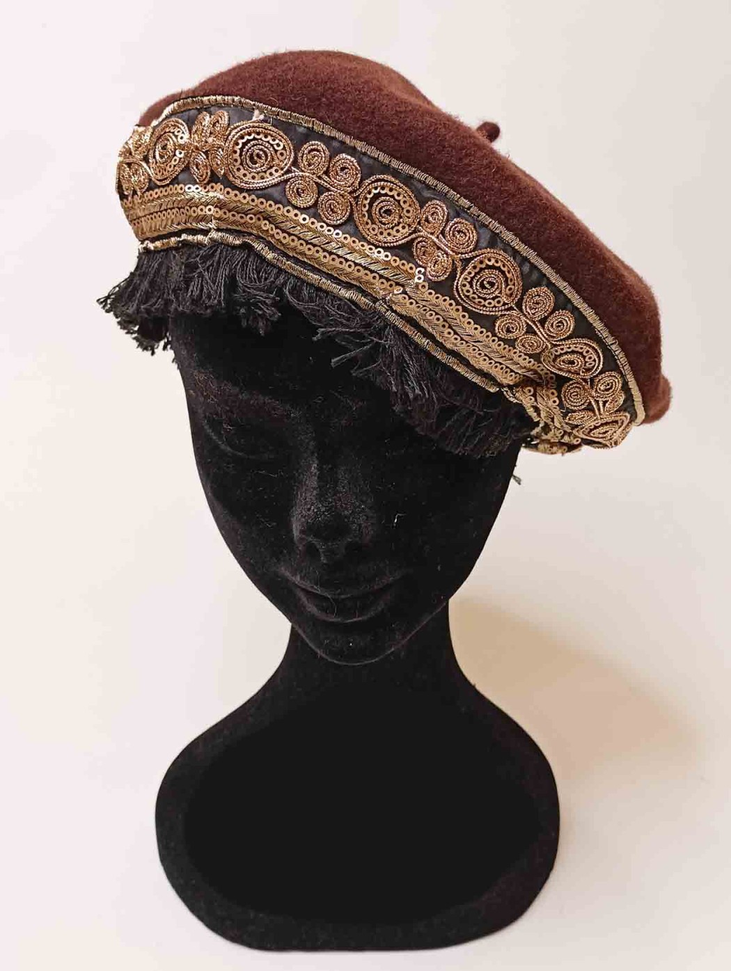 Brown wool beret hat with...
