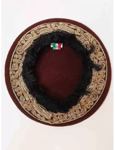 Brown wool beret hat with gold embroidery and fringes 2