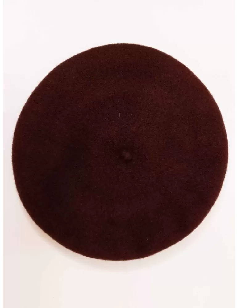 Brown wool beret hat with gold embroidery and fringes