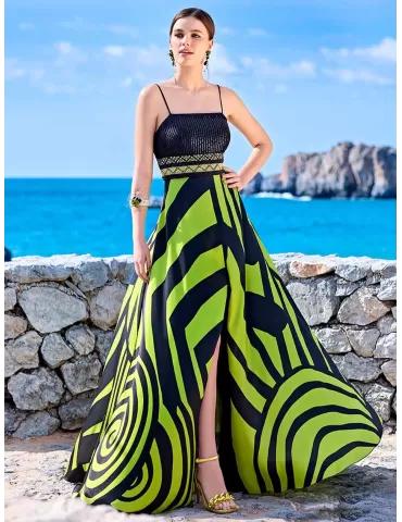 Sonia Pena 1230045 Black and lime low necked long dress front split