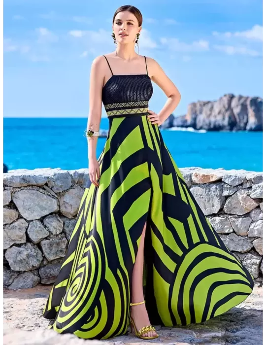 Sonia Pena 1230045 | Black and lime low necked long dress front split Sonia Pena 1230045 | Black and lime low necked long dress front split