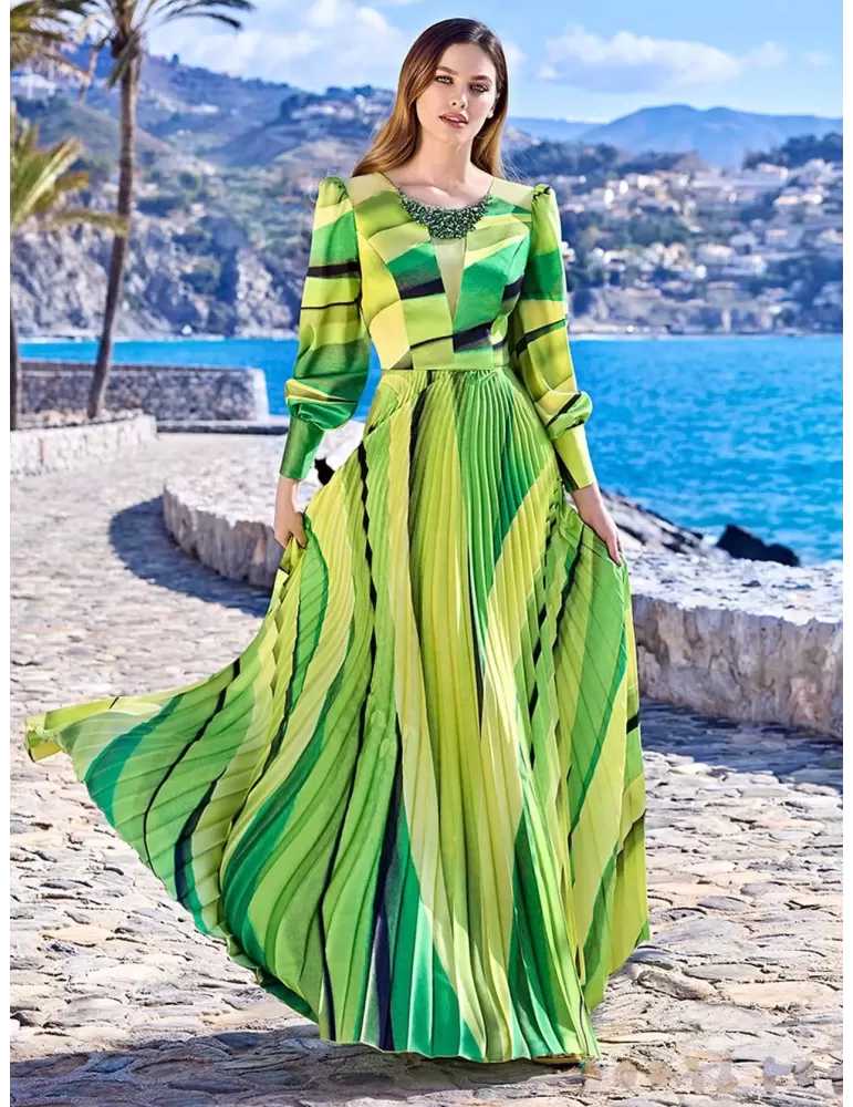 Sonia Pena 1230077 | Lime green silk long dress with plissè maxi skirt Sonia Pena 1230077 | Lime green silk long dress with plissè maxi skirt