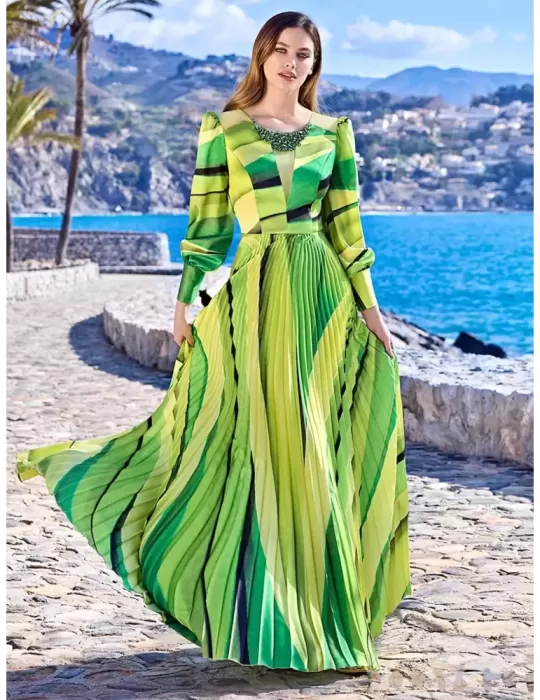 Sonia Pena 1230077 | Lime green silk long dress with plissè maxi skirt Sonia Pena 1230077 | Lime green silk long dress with plissè maxi skirt