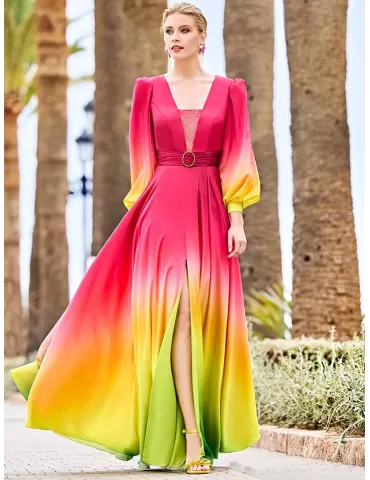 Sonia Pena fuchsia silk low necked long dress front split