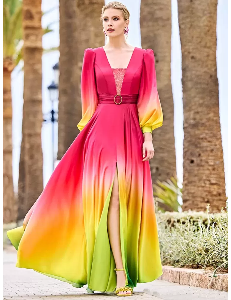 Sonia Pena 1231022 | Fuchsia raimbow shadows wide low neck dress