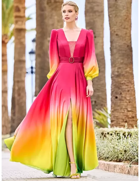Sonia Pena 1231022 | Fuchsia raimbow shadows wide low neck dress Sonia Pena 1231022 | Fuchsia raimbow shadows wide low neck dress