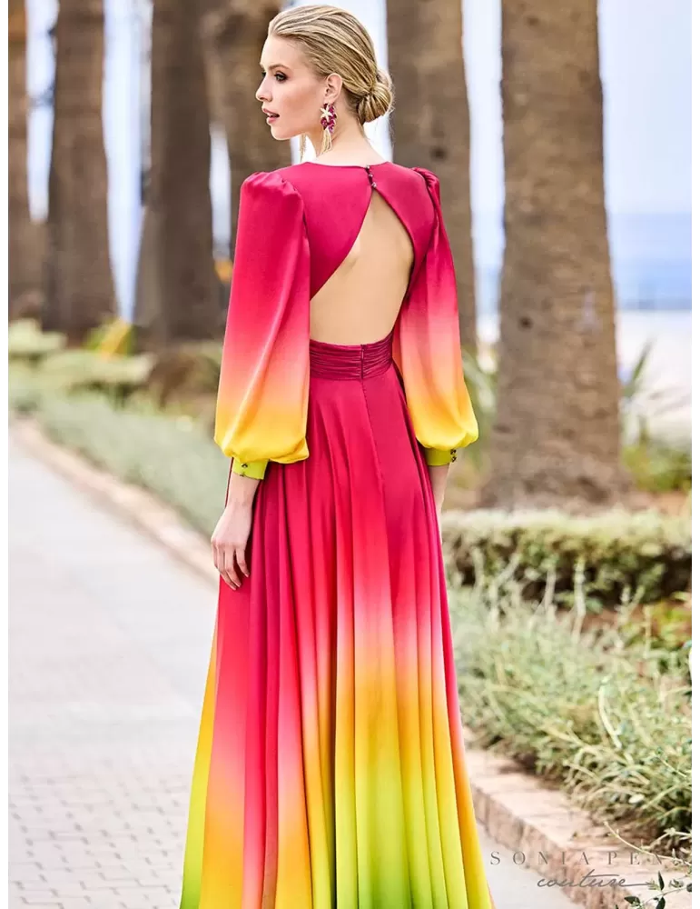 Sonia Pena fuchsia silk low necked long dress front split