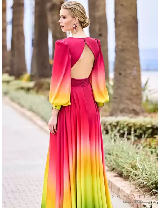 Sonia Pena 1231022 | Fuchsia raimbow shadows wide low neck dress