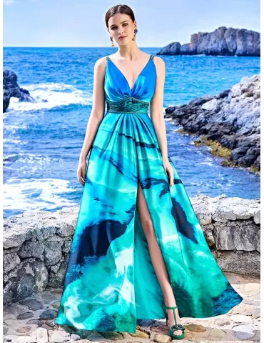 Sonia Pena turquoise silk low necked long dress front split