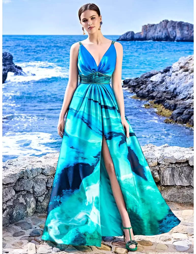 Sonia Pena 1230073 | Abito scollato raso fantasia mare verde turchese