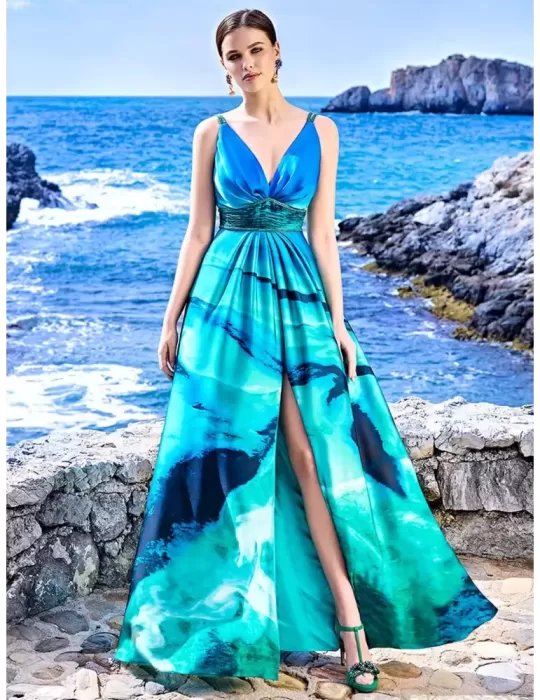 Sonia Pena 1230073 | Abito scollato raso fantasia mare verde turchese Sonia Pena 1230073 | Abito scollato raso fantasia mare verde turchese