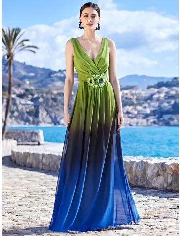 Sonia Pena green blue silk low necked long dress front split