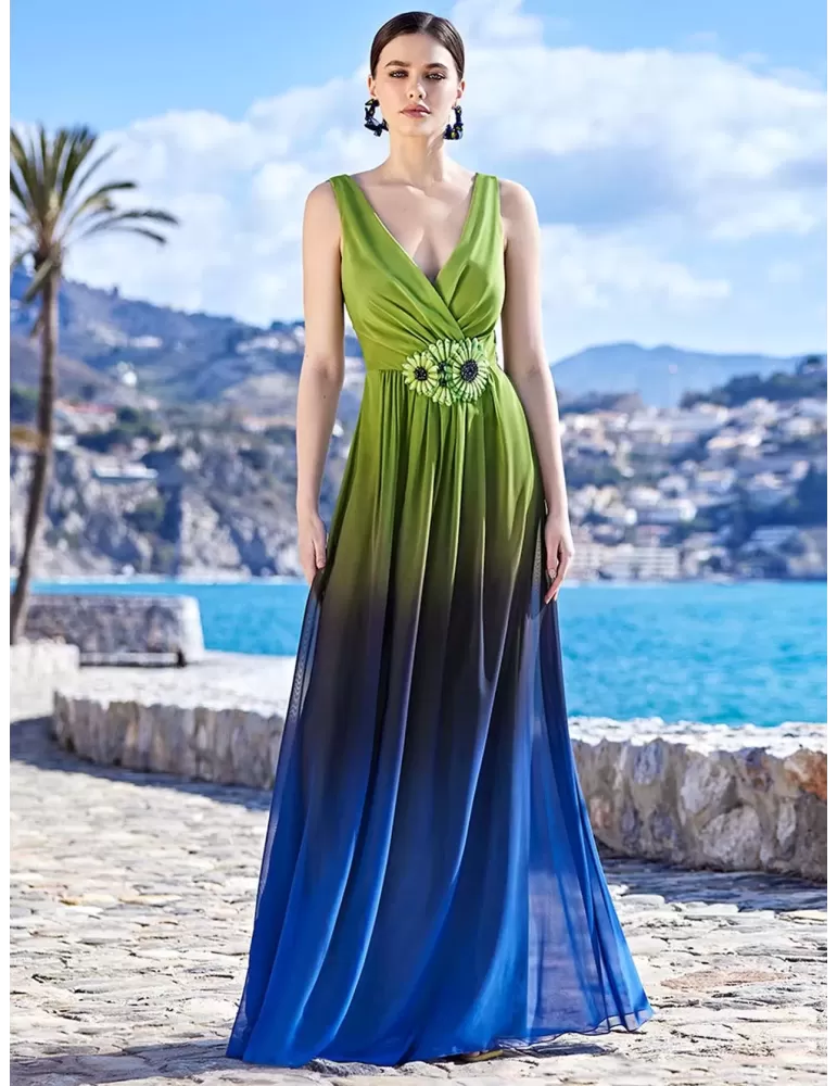 Sonia Pena green blue silk low necked long dress front split Sonia Pena green blue silk low necked long dress front split